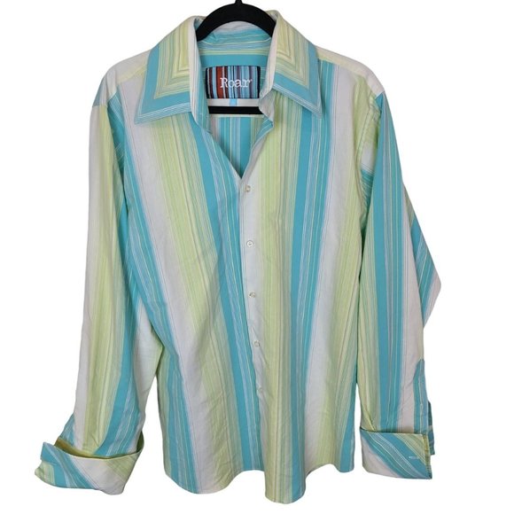 Roar Mens XL Green Blue Striped Long Sleeves Button Up Marlow Dress Shirt - Picture 1 of 8